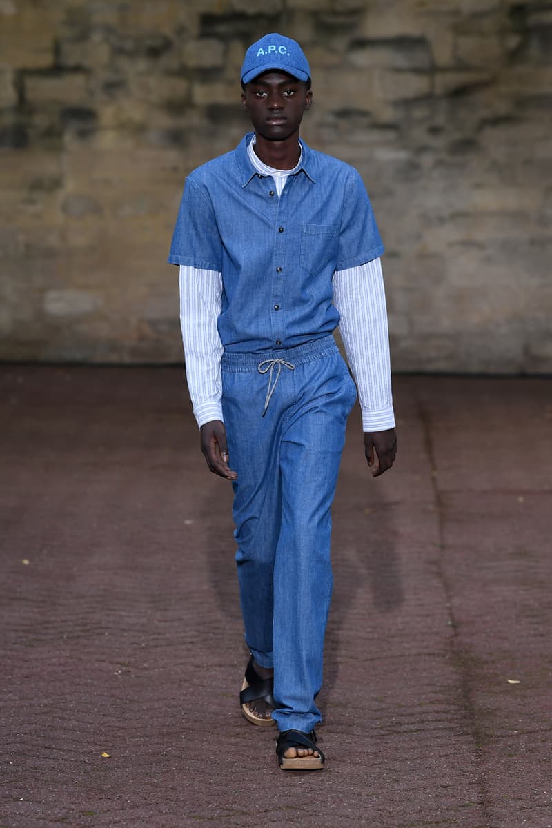 A.P.C. Spring/Summer 2020 Collection Runway Show Paris Fashion Week Shirts Pants Dresses Jackets Blue Green Beige Floral Monochrome Khaki Suicoke Sandals DEPA Hats Socks