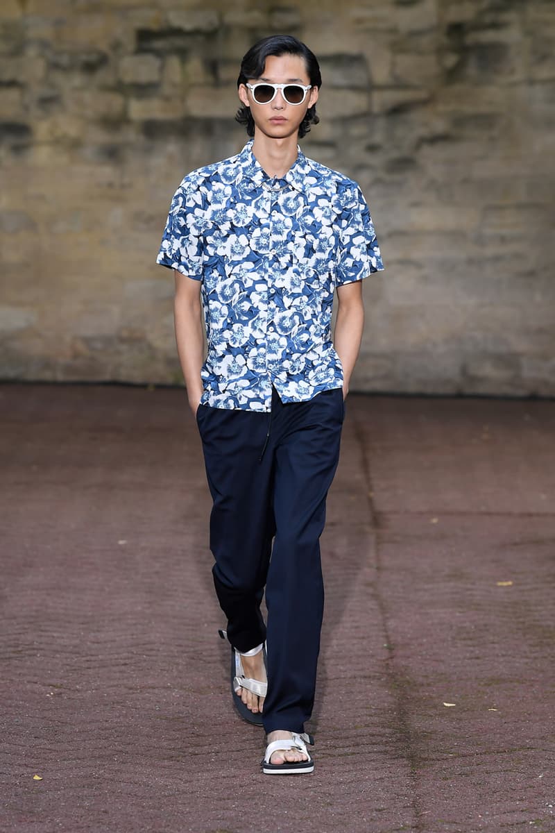 A.P.C. Spring/Summer 2020 Collection Runway Show Paris Fashion Week Shirts Pants Dresses Jackets Blue Green Beige Floral Monochrome Khaki Suicoke Sandals DEPA Hats Socks