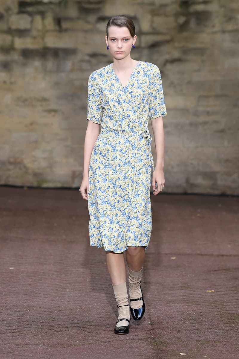 A.P.C. Spring/Summer 2020 Collection Runway Show Paris Fashion Week Shirts Pants Dresses Jackets Blue Green Beige Floral Monochrome Khaki Suicoke Sandals DEPA Hats Socks