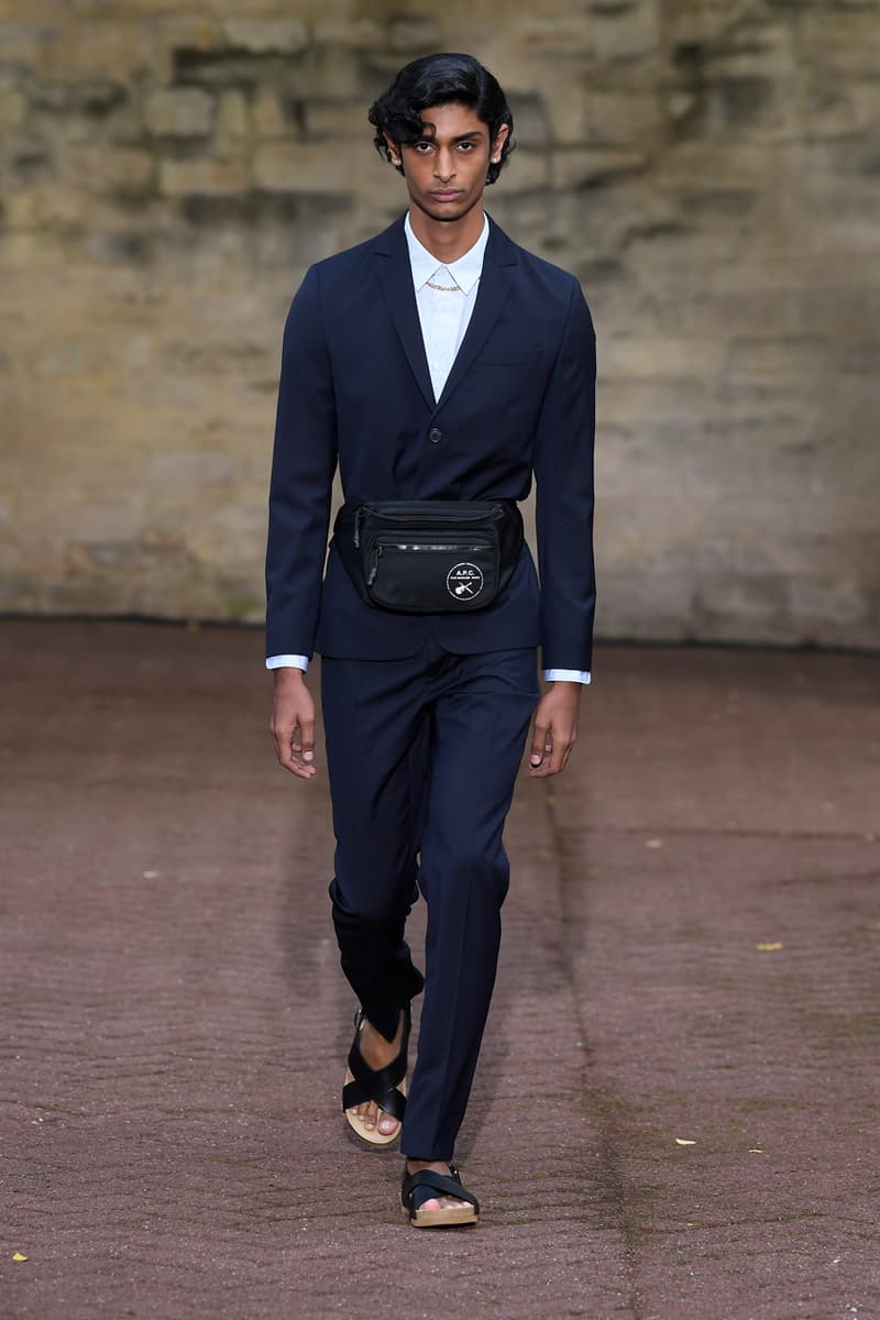 A.P.C. Spring/Summer 2020 Collection Runway Show Paris Fashion Week Shirts Pants Dresses Jackets Blue Green Beige Floral Monochrome Khaki Suicoke Sandals DEPA Hats Socks
