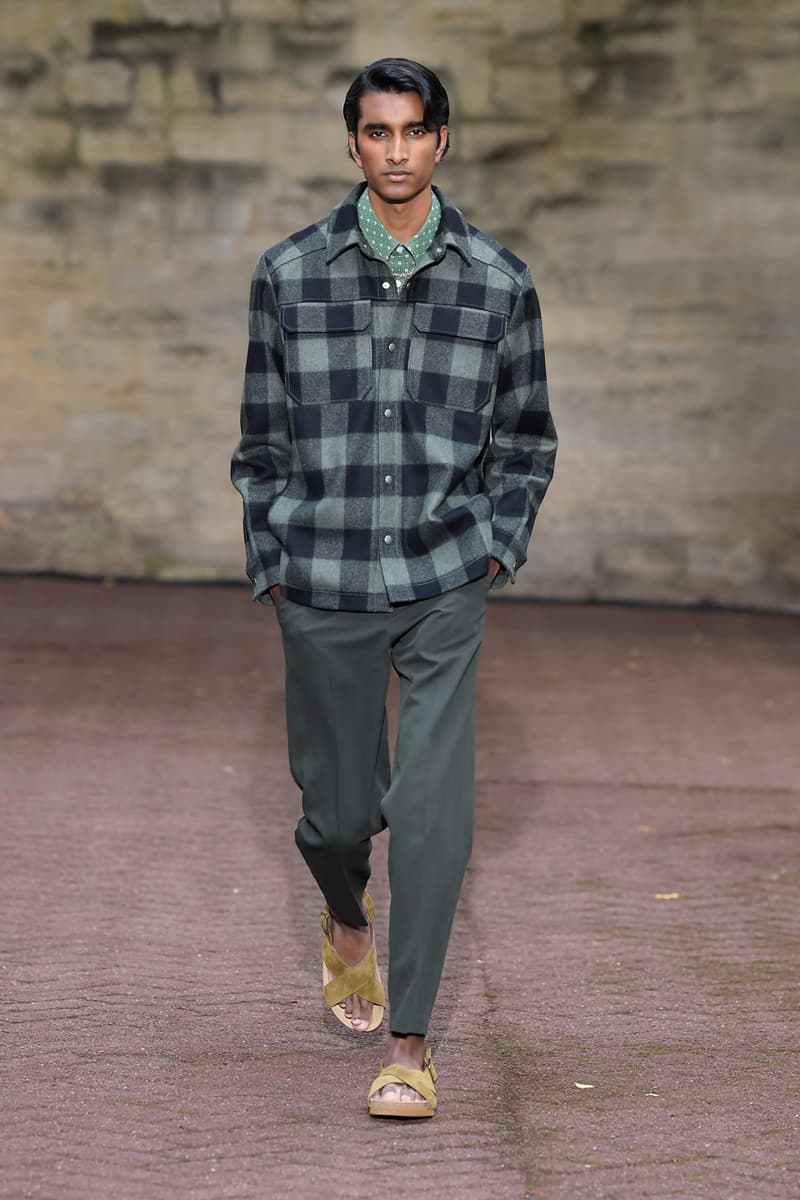 A.P.C. Spring/Summer 2020 Collection Runway Show Paris Fashion Week Shirts Pants Dresses Jackets Blue Green Beige Floral Monochrome Khaki Suicoke Sandals DEPA Hats Socks