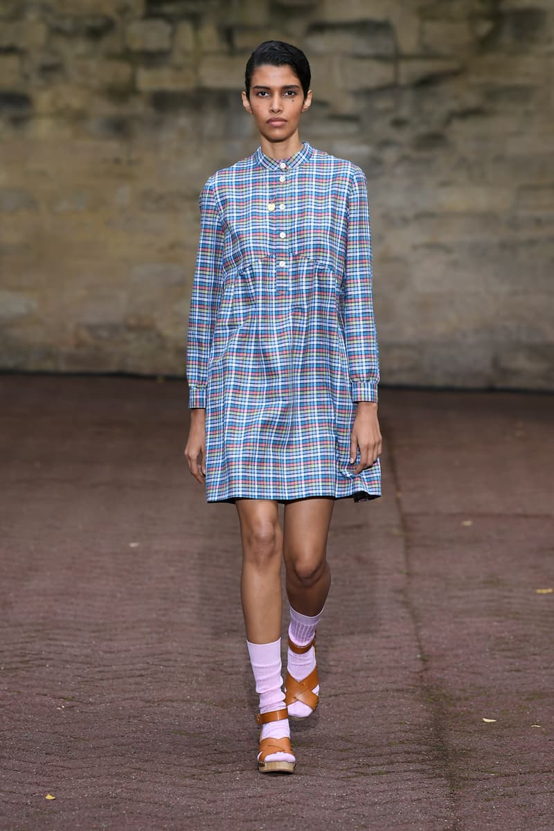 A.P.C. Spring/Summer 2020 Collection Runway Show Paris Fashion Week Shirts Pants Dresses Jackets Blue Green Beige Floral Monochrome Khaki Suicoke Sandals DEPA Hats Socks