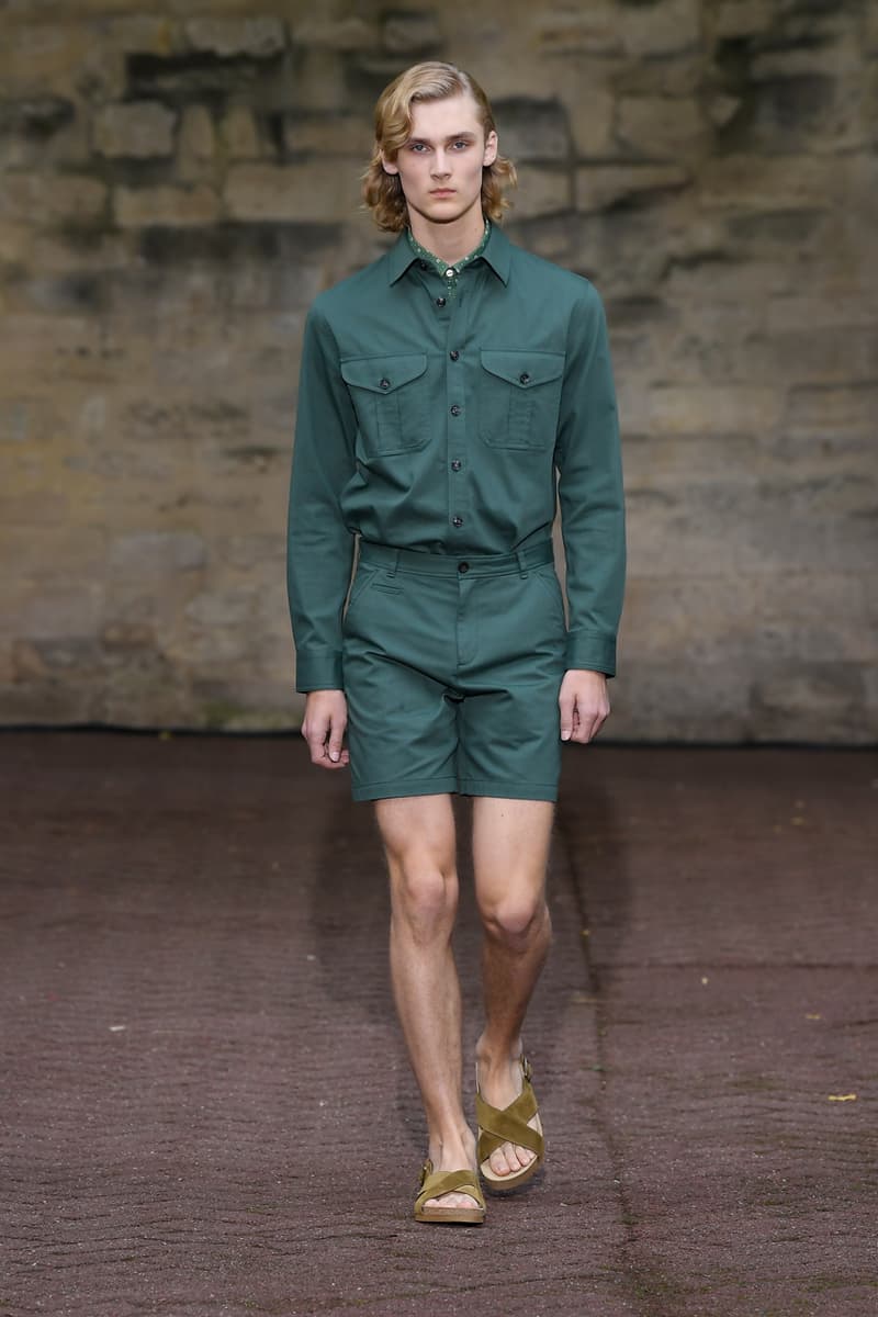 A.P.C. Spring/Summer 2020 Collection Runway Show Paris Fashion Week Shirts Pants Dresses Jackets Blue Green Beige Floral Monochrome Khaki Suicoke Sandals DEPA Hats Socks