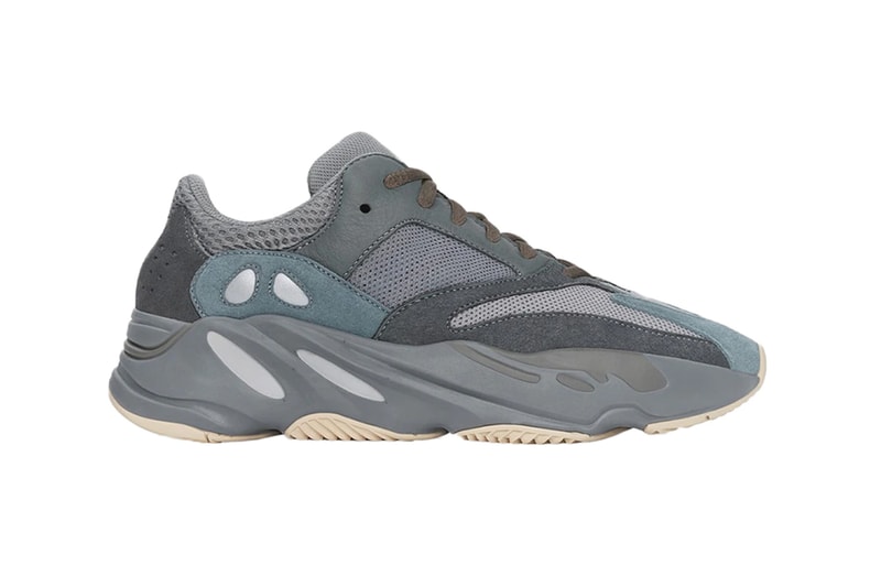 StockX adidas YEEZY BOOST 700 "Teal Blue" Kanye West Jesus Is King album Release grey underlay cream colored rubber gumsole mesh suede construction teal blue toebox heel orange shoe laces reflective heel Three Stripe Details Forbes Interview