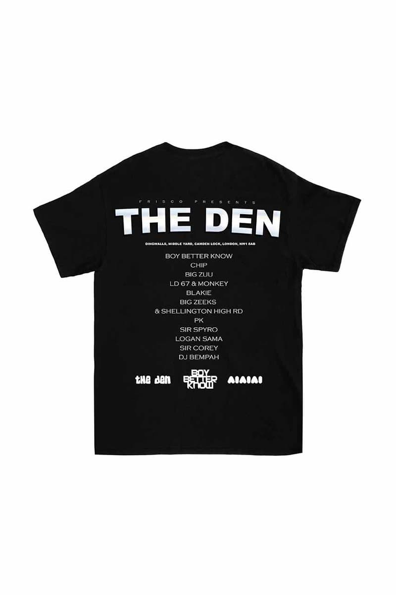 AIAIAI x The Den 5th Anniversary Party & Merch Announcement Release Information Frisco London MC Boy Better Know BBK Camden Lock Chip Blakie Sir Sypro Big Zeeks Homage Tees