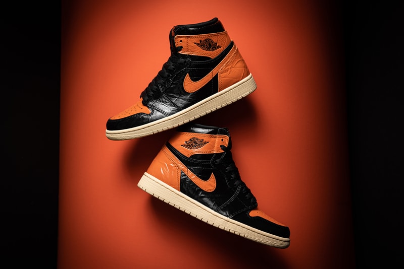 Stadium Goods Air Jordan 1 Retro High OG Shattered Backboard 3.0 Satin Shattered Backboard Reverse Shattered Backboard Original Black Orange glossy leather crinkled patent pale vanilla rubber sole