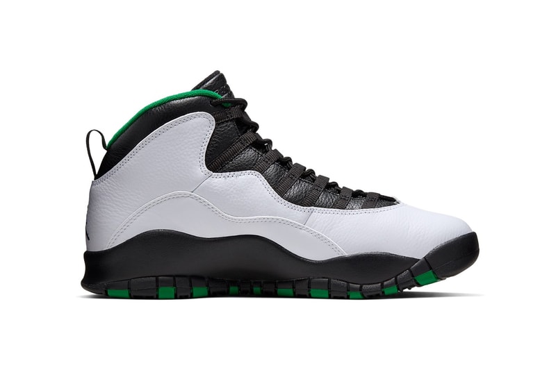 StockX Air Jordan 10 Seattle Supersonics Release OG Jordan white leather upper court green yellow jumpman logo black detailing Seattle inspired