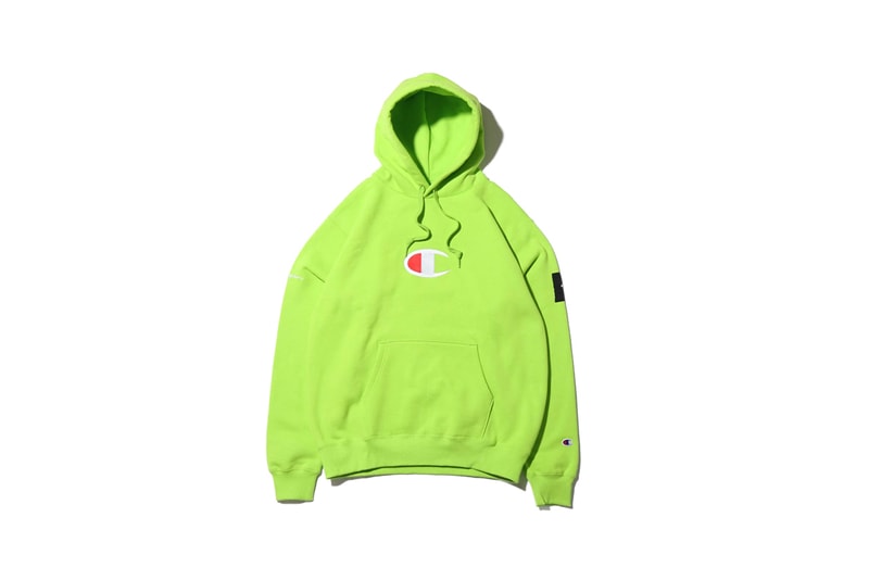 atmos lab tokyo champion fall 2019 collection capsule hoodie fleeces boa puffer down jacket hooded sweatshirt bucket hat green blue red purple 