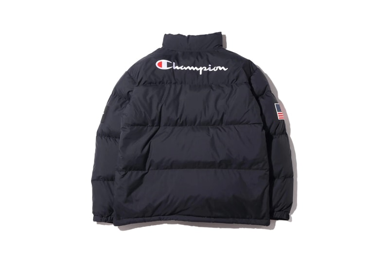 atmos lab tokyo champion fall 2019 collection capsule hoodie fleeces boa puffer down jacket hooded sweatshirt bucket hat green blue red purple 