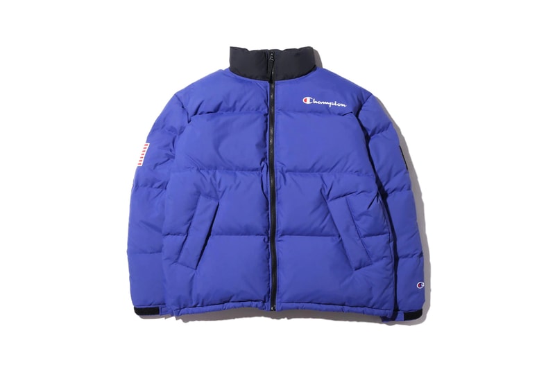 atmos lab tokyo champion fall 2019 collection capsule hoodie fleeces boa puffer down jacket hooded sweatshirt bucket hat green blue red purple 