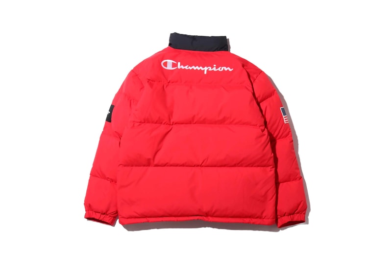 atmos lab tokyo champion fall 2019 collection capsule hoodie fleeces boa puffer down jacket hooded sweatshirt bucket hat green blue red purple 
