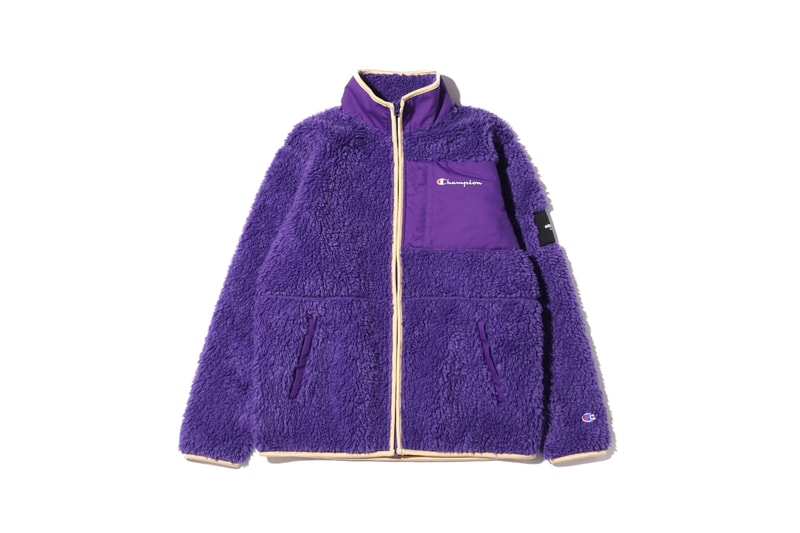 atmos lab tokyo champion fall 2019 collection capsule hoodie fleeces boa puffer down jacket hooded sweatshirt bucket hat green blue red purple 
