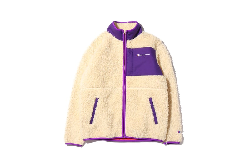 atmos lab tokyo champion fall 2019 collection capsule hoodie fleeces boa puffer down jacket hooded sweatshirt bucket hat green blue red purple 