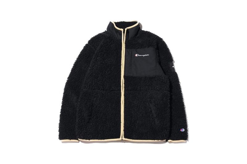 atmos lab tokyo champion fall 2019 collection capsule hoodie fleeces boa puffer down jacket hooded sweatshirt bucket hat green blue red purple 