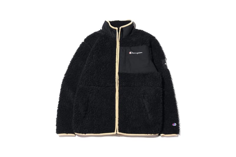atmos lab tokyo champion fall 2019 collection capsule hoodie fleeces boa puffer down jacket hooded sweatshirt bucket hat green blue red purple