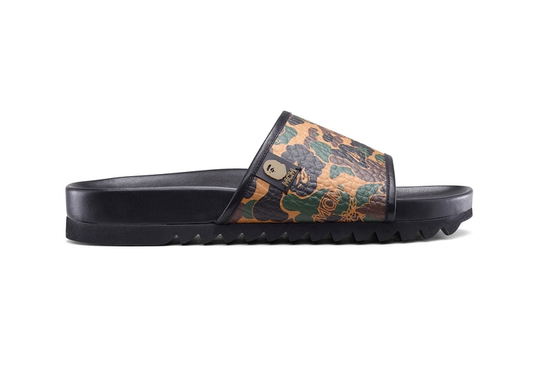 BAPE x MCM Fall Winter 2019 Collection collaborations fall winter lookbook videos ape head camo accessories bags leather goods footwear slides sandals keychains