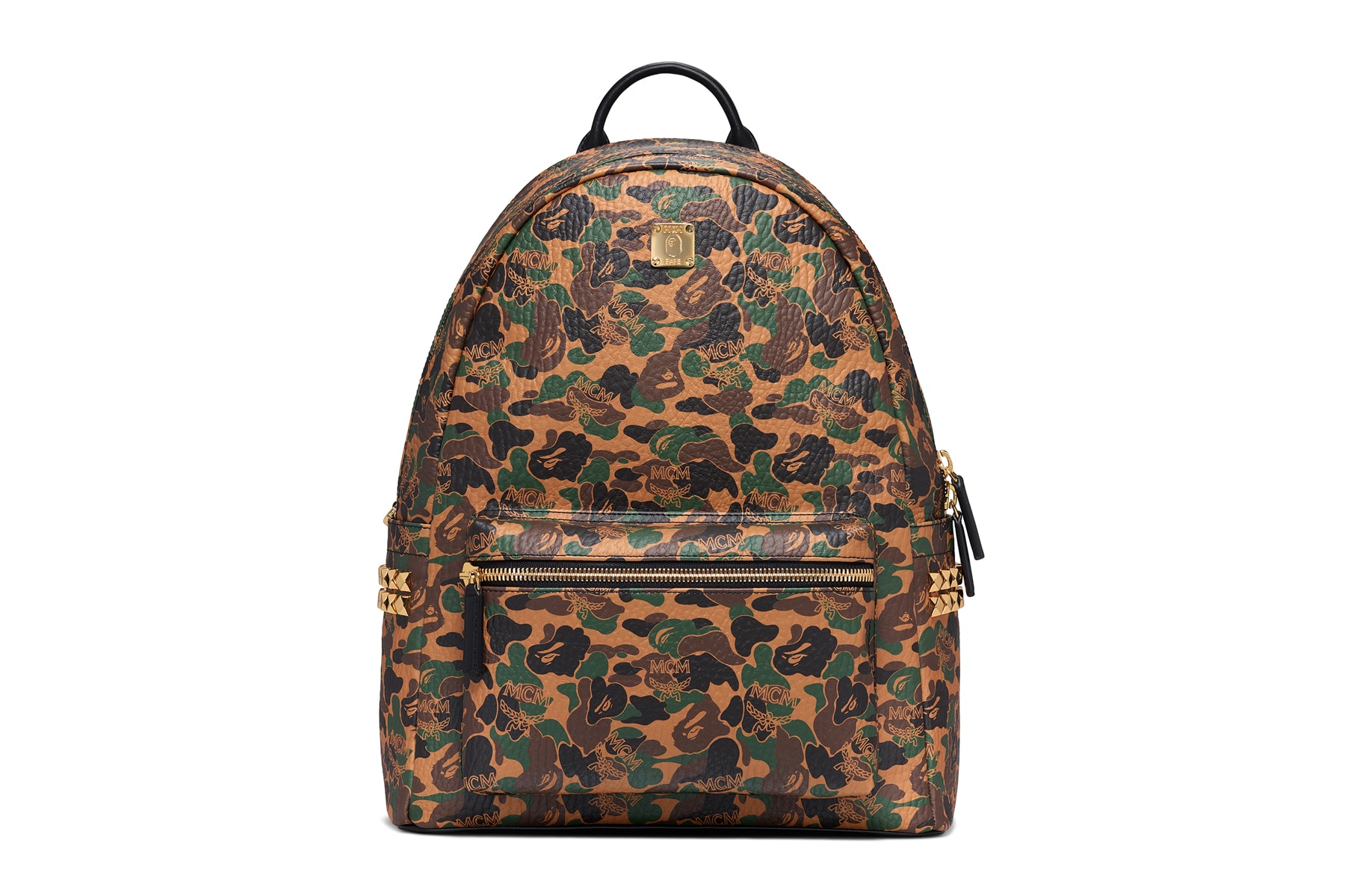 BAPE x MCM Fall Winter 2019 Collection collaborations fall winter lookbook videos ape head camo accessories bags leather goods footwear slides sandals keychains