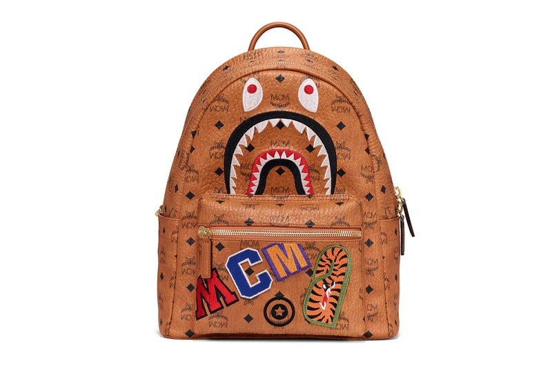 BAPE x MCM Fall Winter 2019 Collection collaborations fall winter lookbook videos ape head camo accessories bags leather goods footwear slides sandals keychains