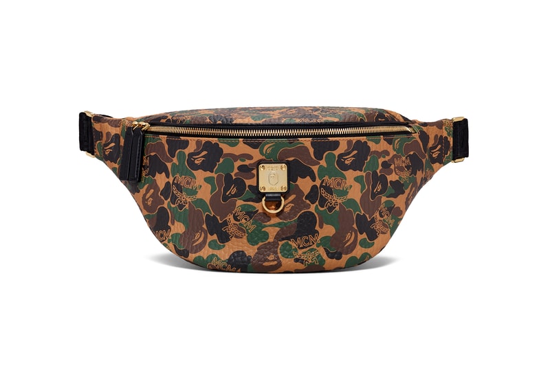 BAPE x MCM Fall Winter 2019 Collection collaborations fall winter lookbook videos ape head camo accessories bags leather goods footwear slides sandals keychains