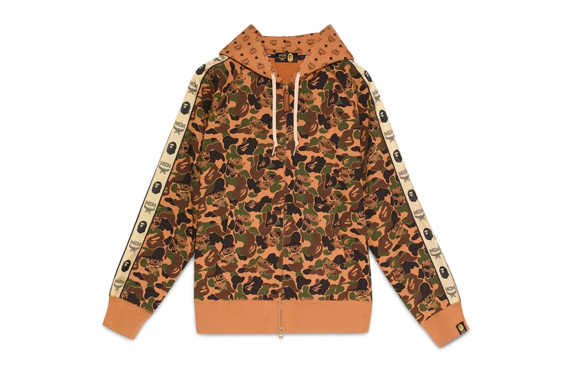 BAPE x MCM Fall Winter 2019 Collection collaborations fall winter lookbook videos ape head camo accessories bags leather goods footwear slides sandals keychains