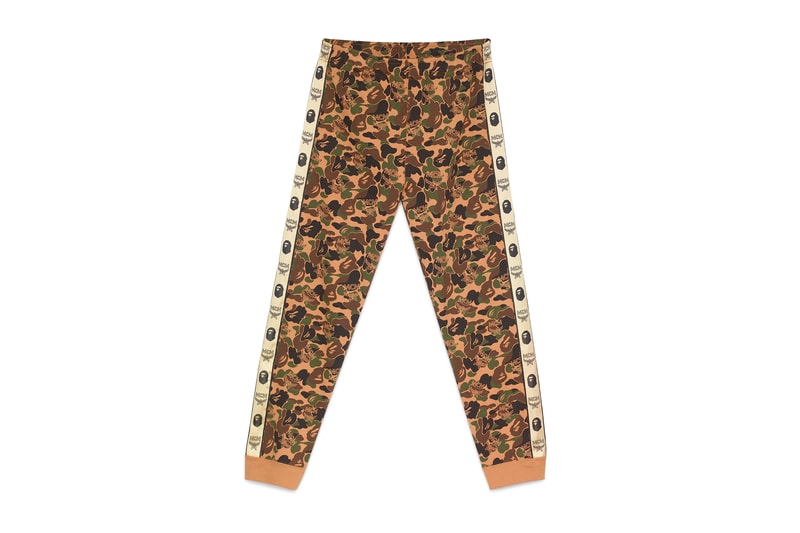BAPE x MCM Fall Winter 2019 Collection collaborations fall winter lookbook videos ape head camo accessories bags leather goods footwear slides sandals keychains
