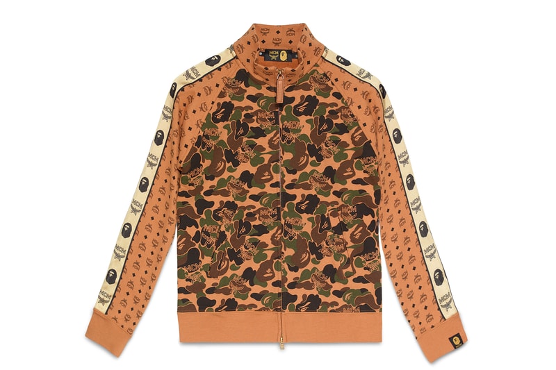 BAPE x MCM Fall Winter 2019 Collection collaborations fall winter lookbook videos ape head camo accessories bags leather goods footwear slides sandals keychains