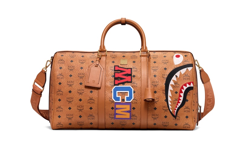 BAPE x MCM Fall Winter 2019 Collection collaborations fall winter lookbook videos ape head camo accessories bags leather goods footwear slides sandals keychains