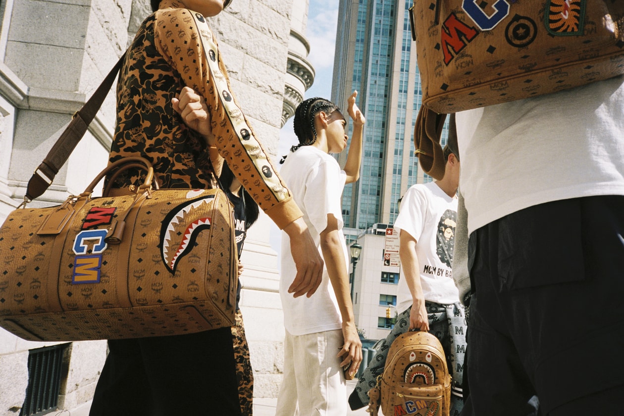 BAPE x MCM Fall Winter 2019 Collection collaborations fall winter lookbook videos ape head camo accessories bags leather goods footwear slides sandals keychains