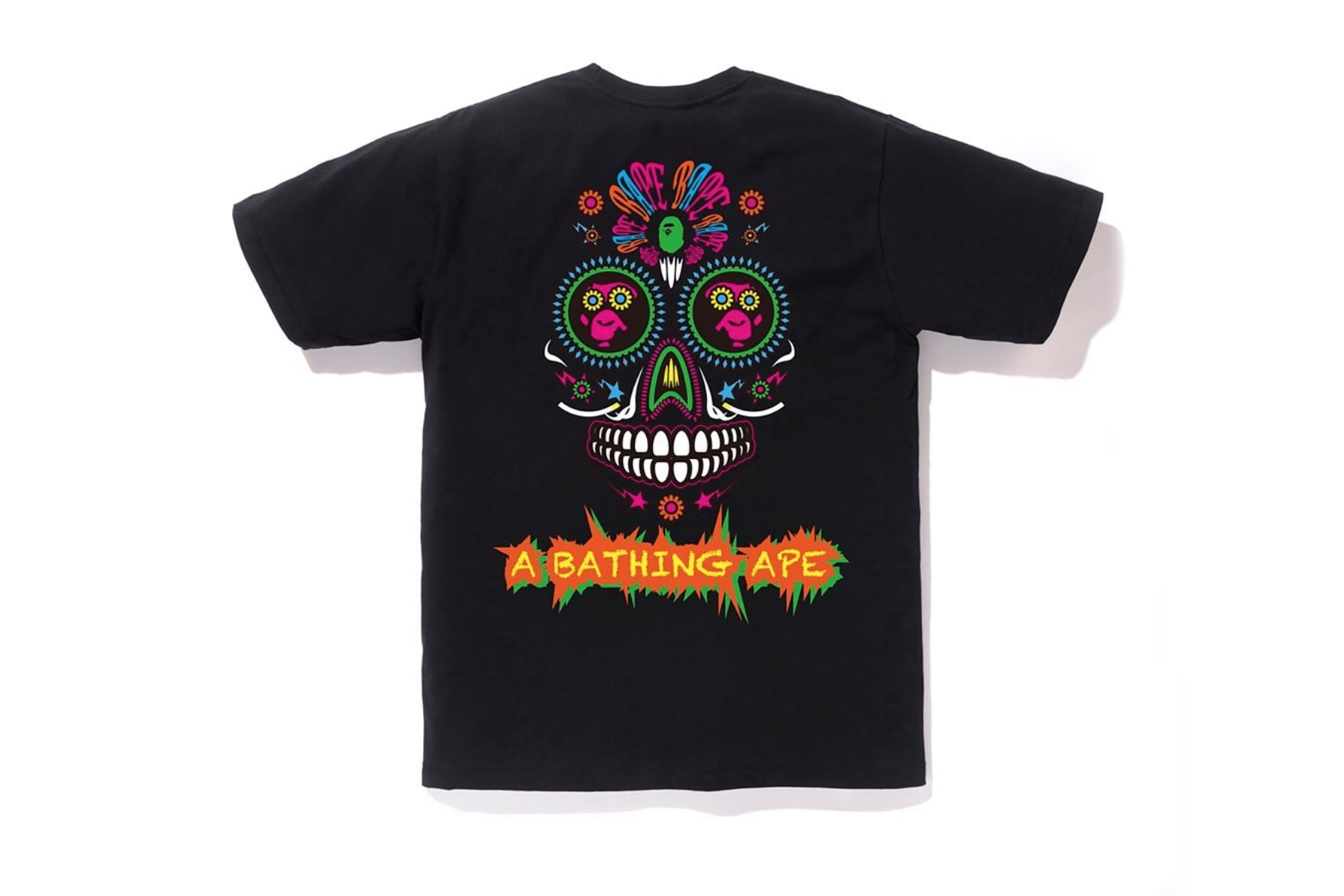 BAPE Sugar Skull "Day of the Dead" Tees a bathing ape black white t-shirts release info halloween Dias De Los Muertos ape head 
