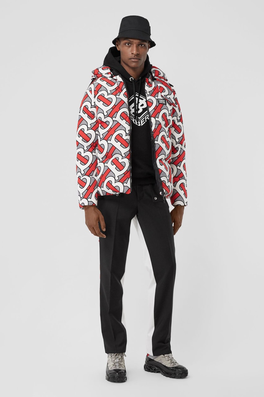 burberry monogram print puffer jacket release fall 2019 steel grey multicolor forest green colorway b all over print 