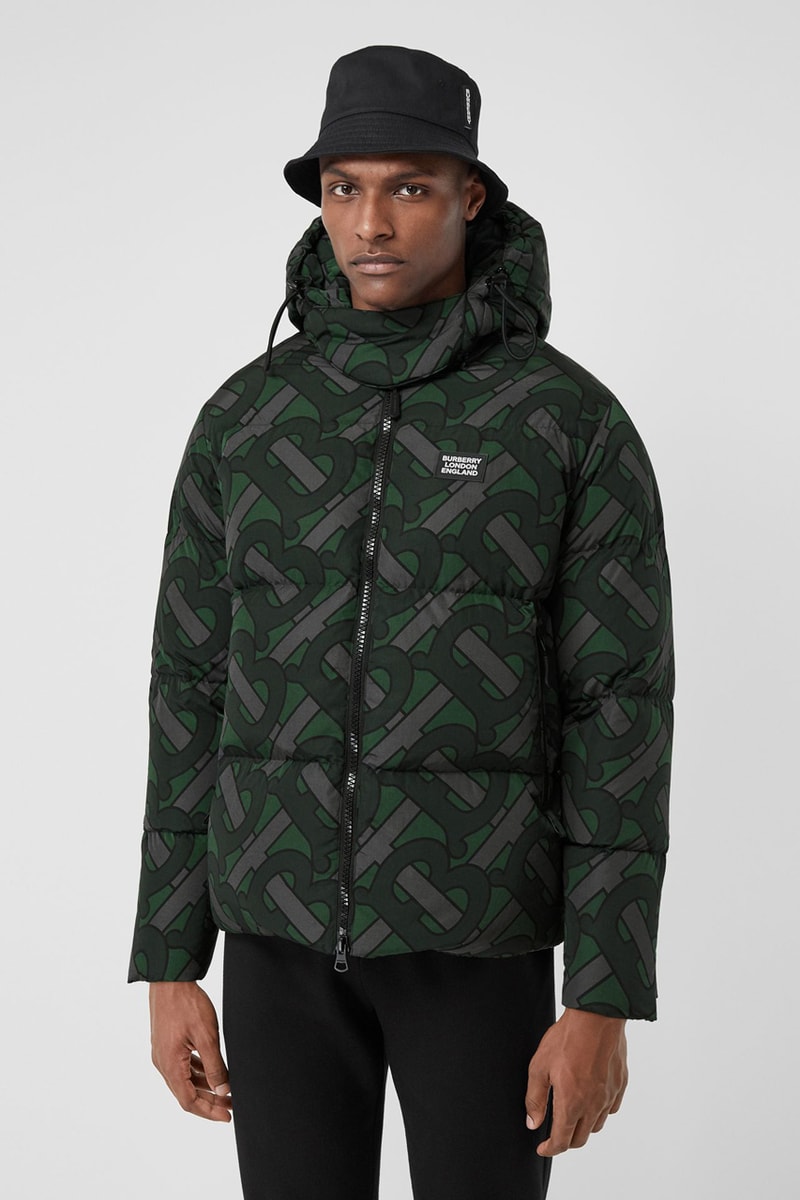 burberry monogram print puffer jacket release fall 2019 steel grey multicolor forest green colorway b all over print 