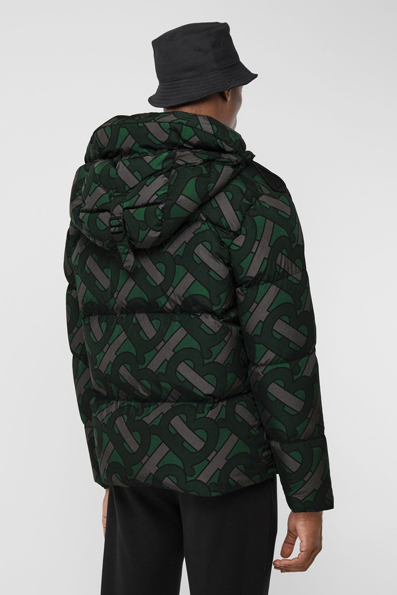 burberry monogram print puffer jacket release fall 2019 steel grey multicolor forest green colorway b all over print 