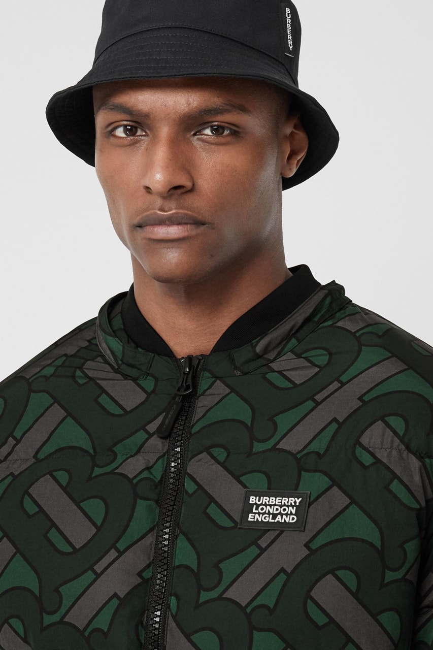 burberry monogram print puffer jacket release fall 2019 steel grey multicolor forest green colorway b all over print 