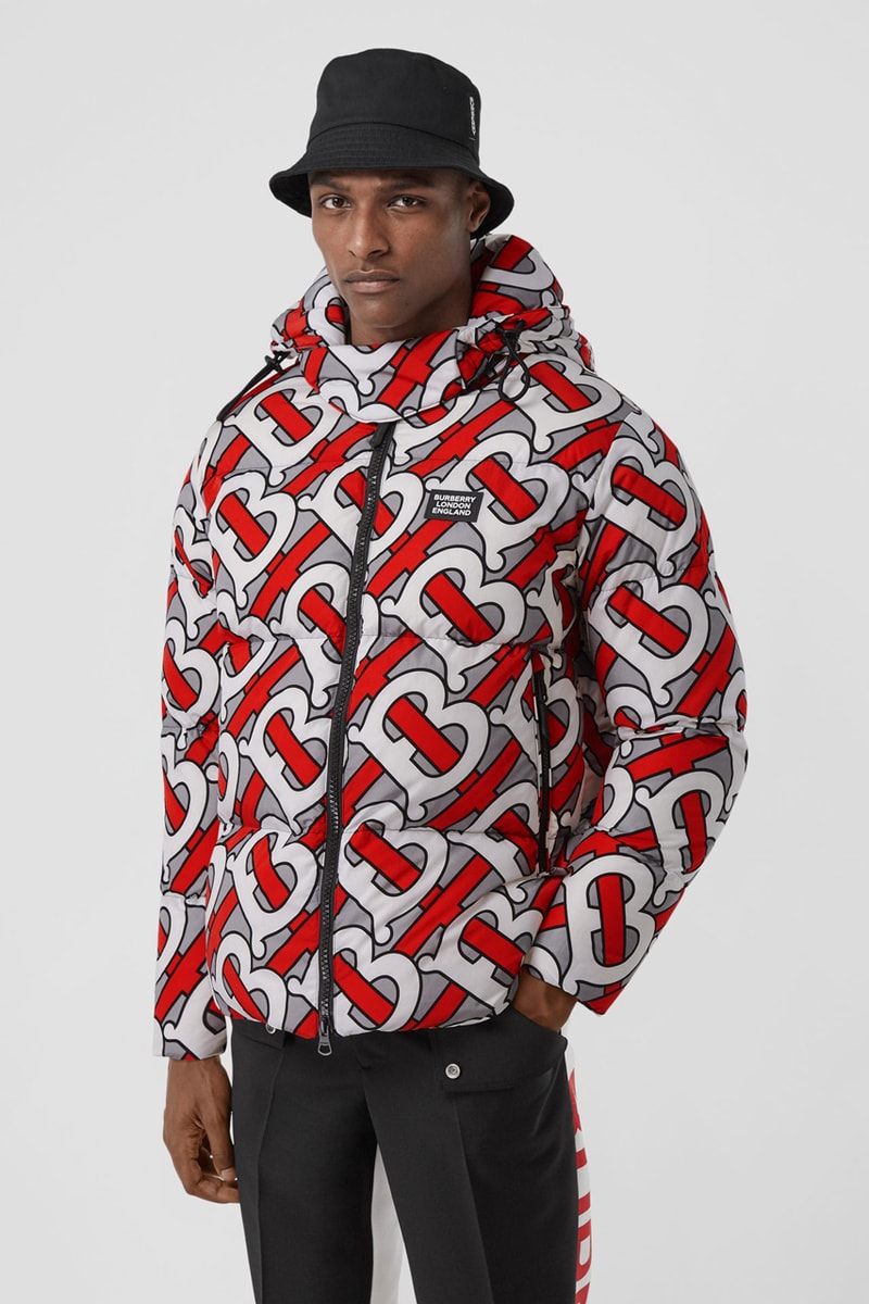 burberry monogram print puffer jacket release fall 2019 steel grey multicolor forest green colorway b all over print 