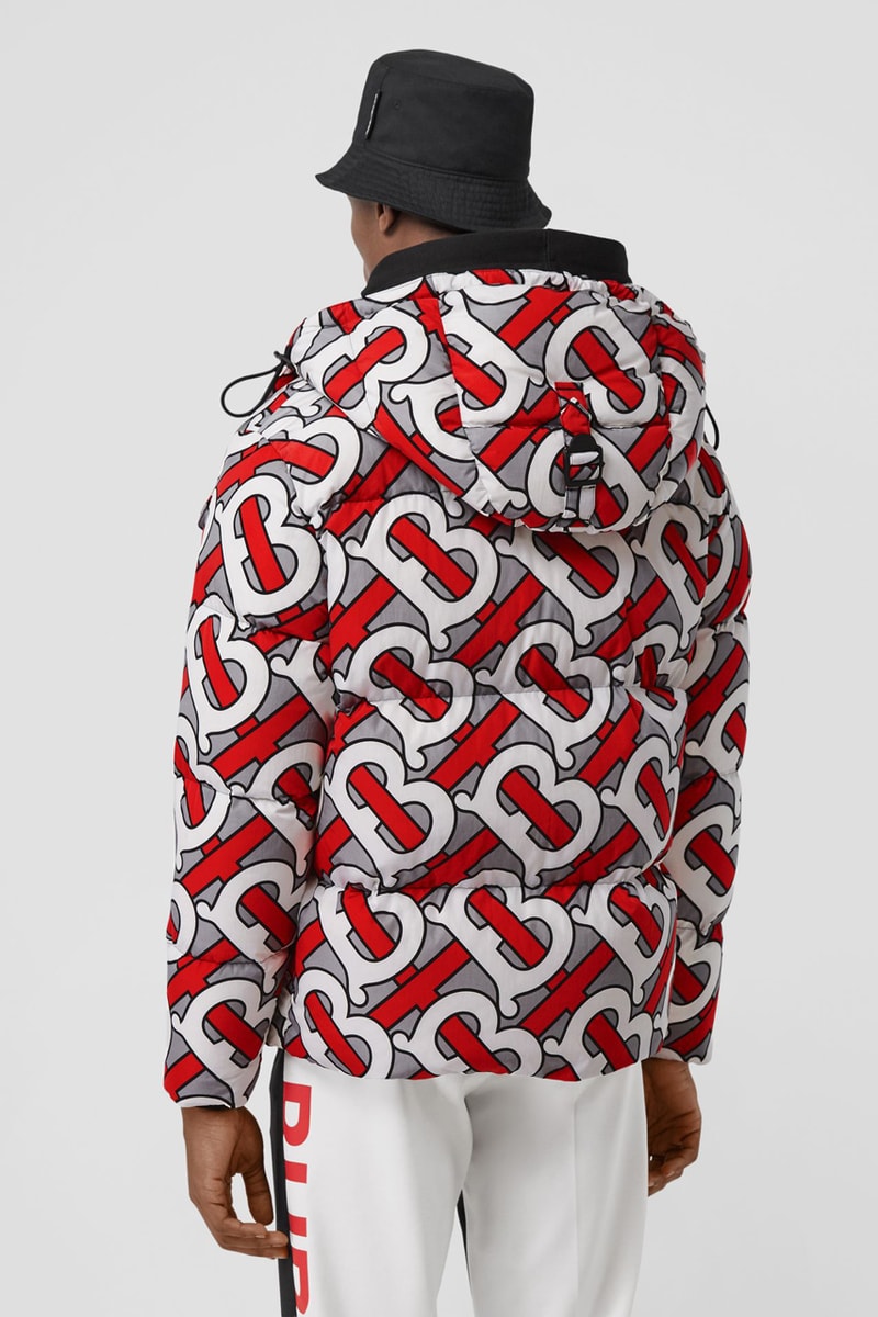 burberry monogram print puffer jacket release fall 2019 steel grey multicolor forest green colorway b all over print 