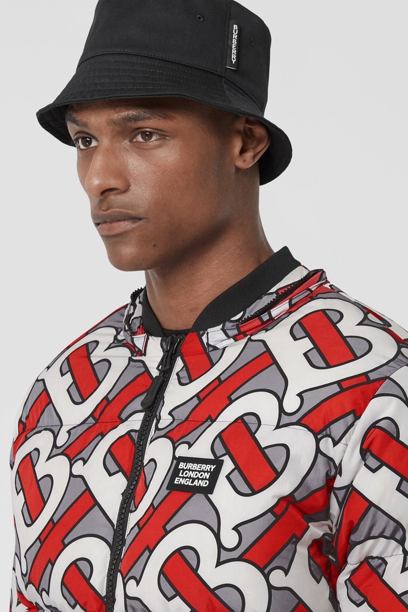 burberry monogram print puffer jacket release fall 2019 steel grey multicolor forest green colorway b all over print 
