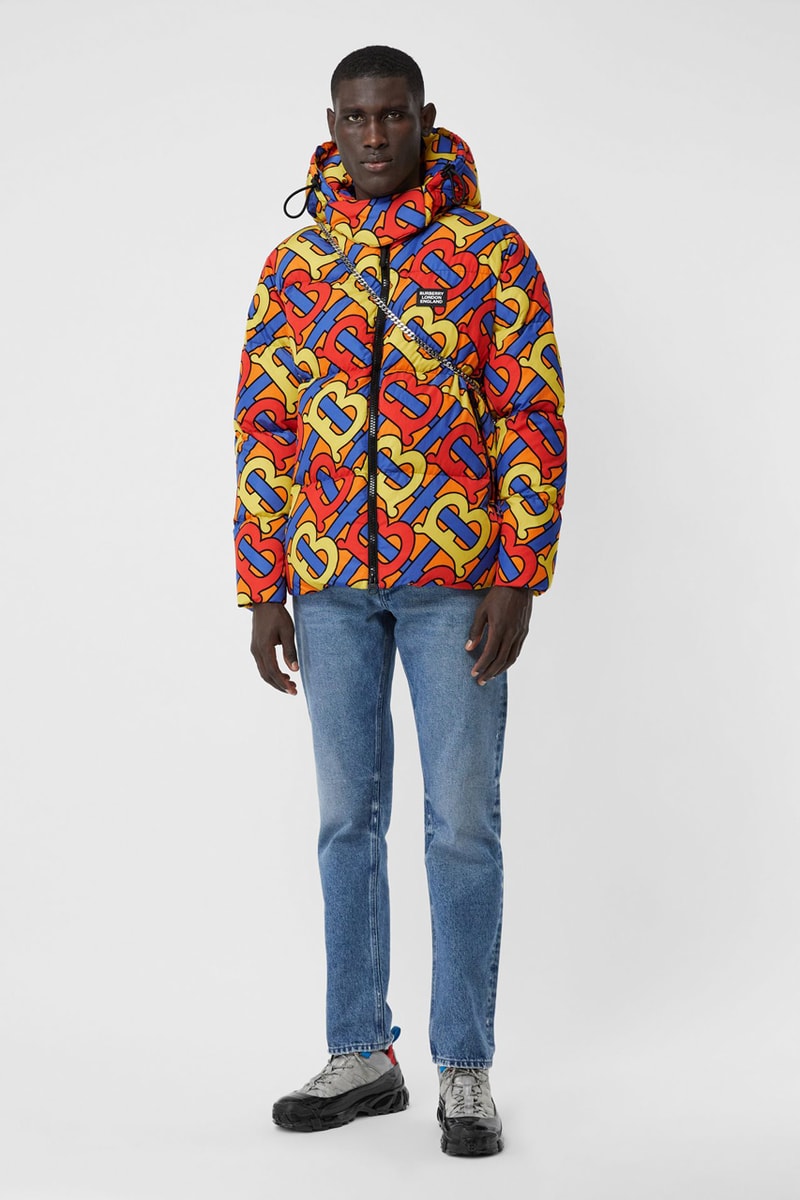 burberry monogram print puffer jacket release fall 2019 steel grey multicolor forest green colorway b all over print 