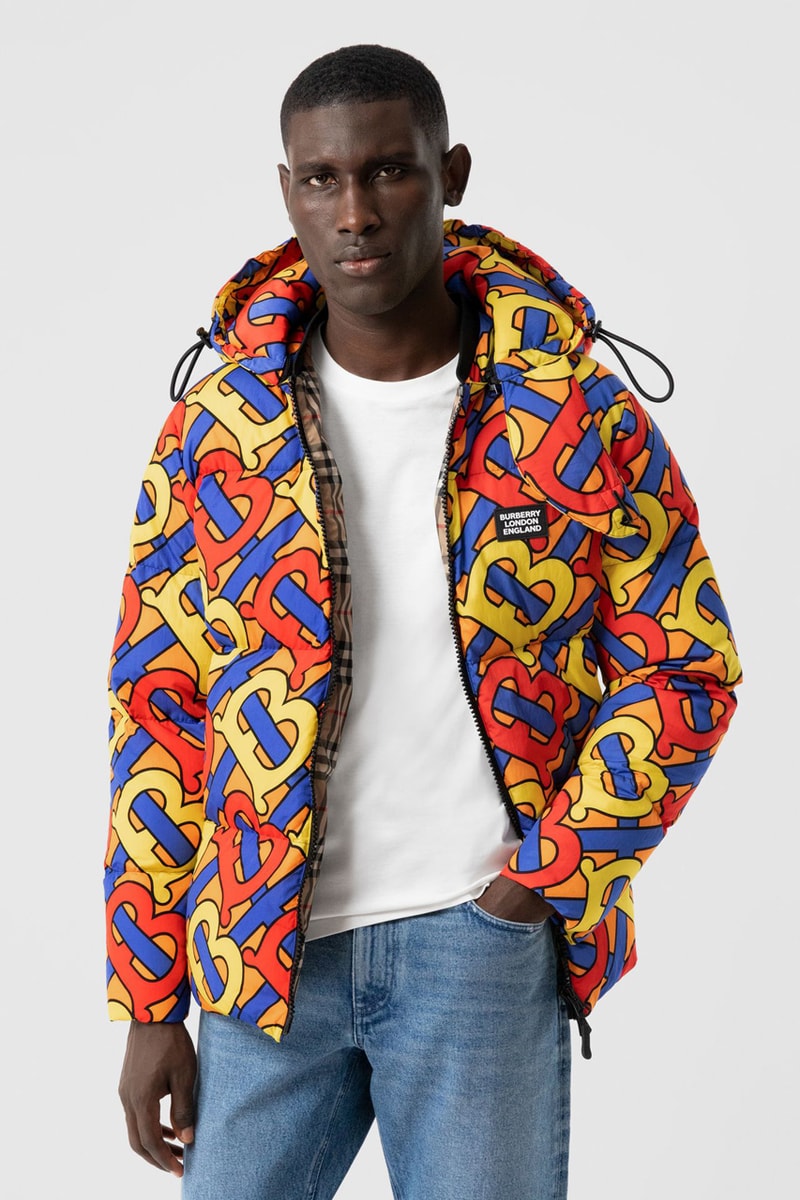 burberry monogram print puffer jacket release fall 2019 steel grey multicolor forest green colorway b all over print 
