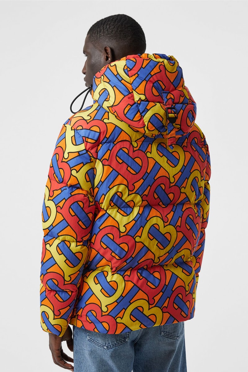 burberry monogram print puffer jacket release fall 2019 steel grey multicolor forest green colorway b all over print 