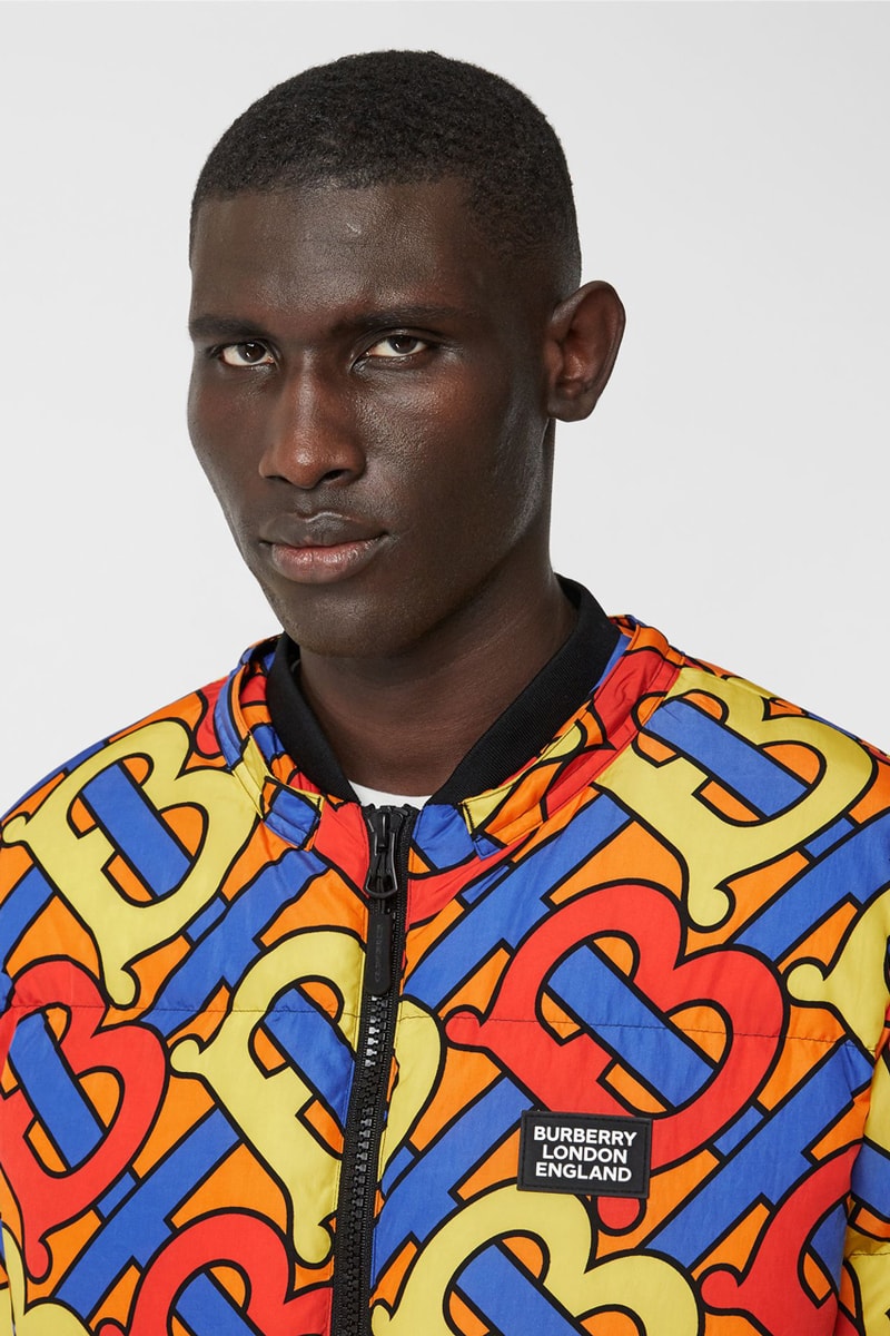 burberry monogram print puffer jacket release fall 2019 steel grey multicolor forest green colorway b all over print 