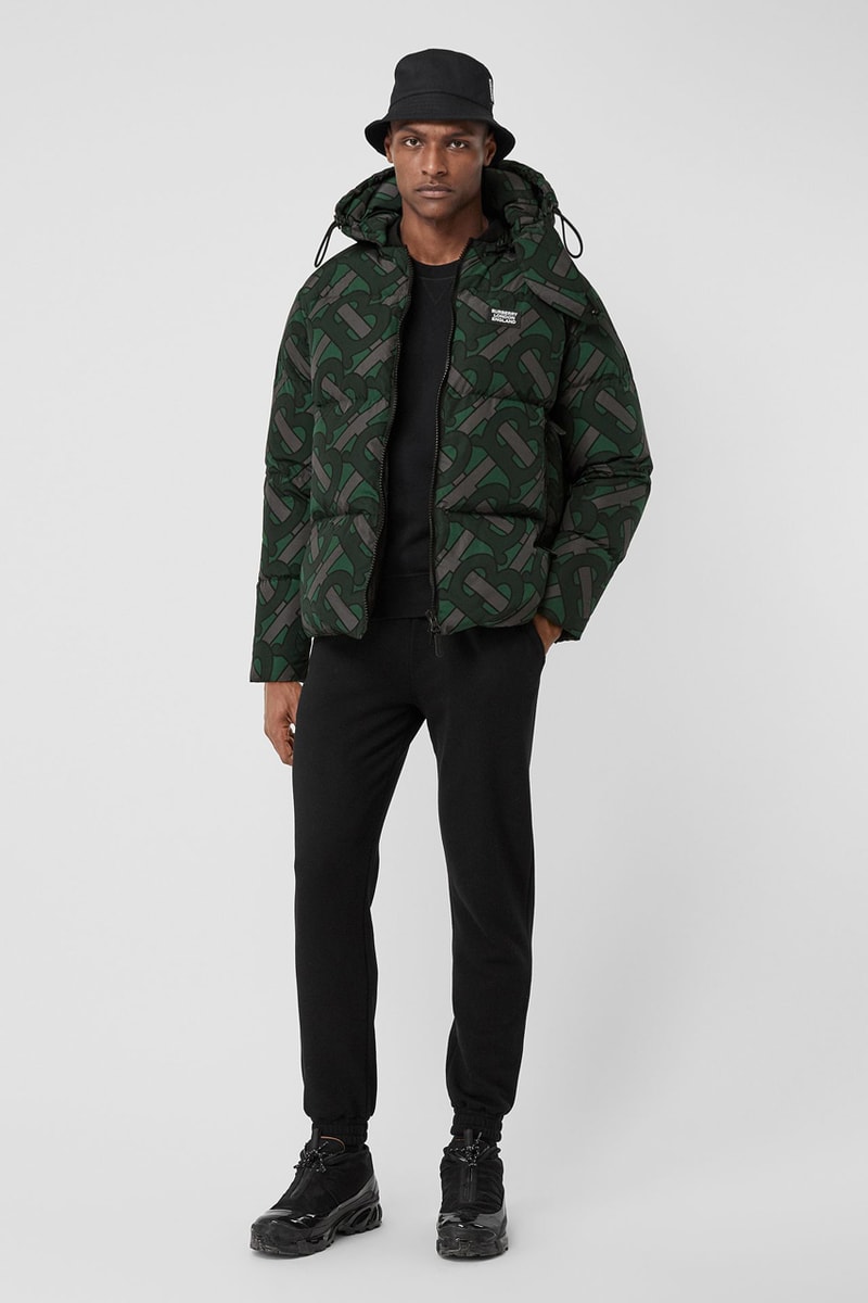 burberry monogram print puffer jacket release fall 2019 steel grey multicolor forest green colorway b all over print 