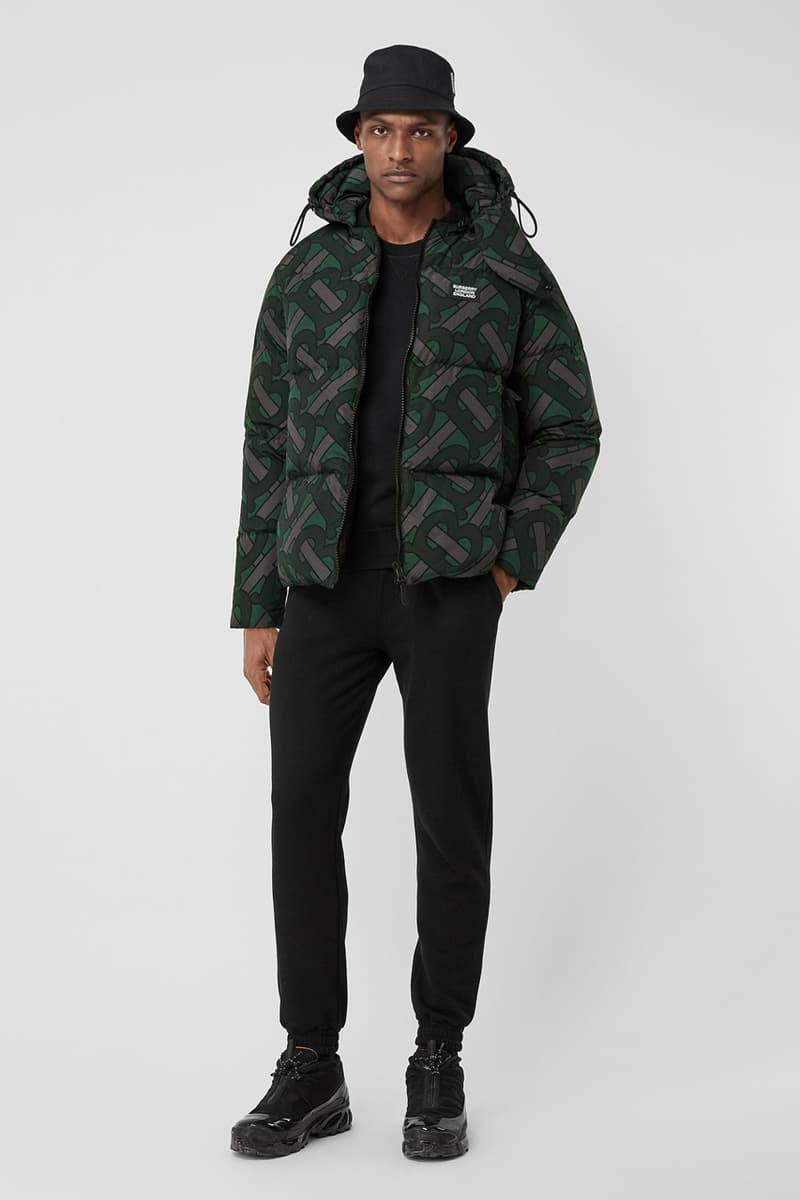 burberry monogram print puffer jacket release fall 2019 steel grey multicolor forest green colorway b all over print
