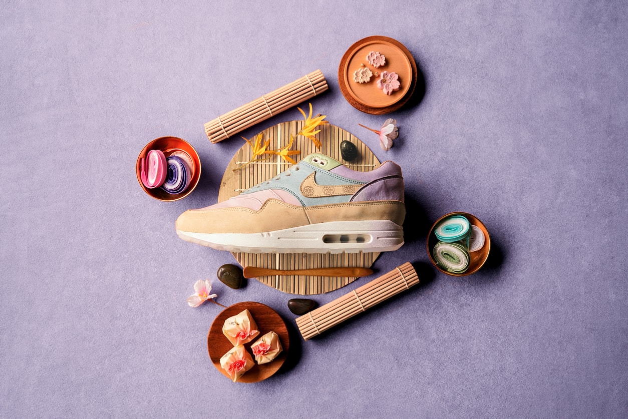 Ryustyler Chase Shiel "Wagashi" Air Max 1s Info Pastel Pink Blue Green Beige Tan Leather Chrysanthemum 