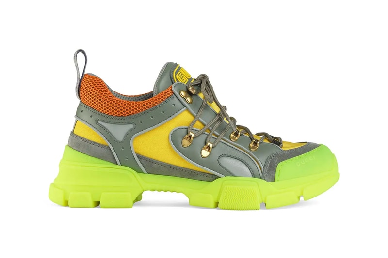 gucci flashtrek mixed media neon green lug sole sneakers leather suede technical canvas logo patch tongue sega font perforated orange ankle detail made in italy fall winter 2019 release 