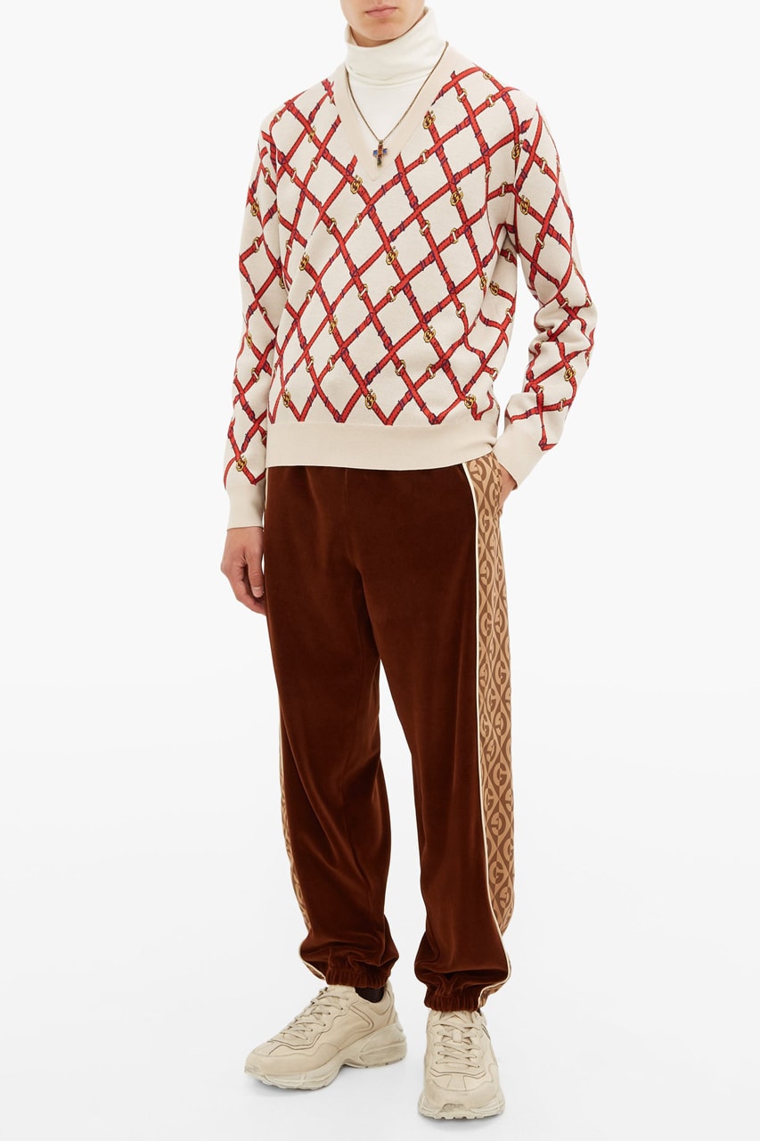 Gucci Jacquard Velour Track Pants Satin Jacket Brown Track Suit White Logo