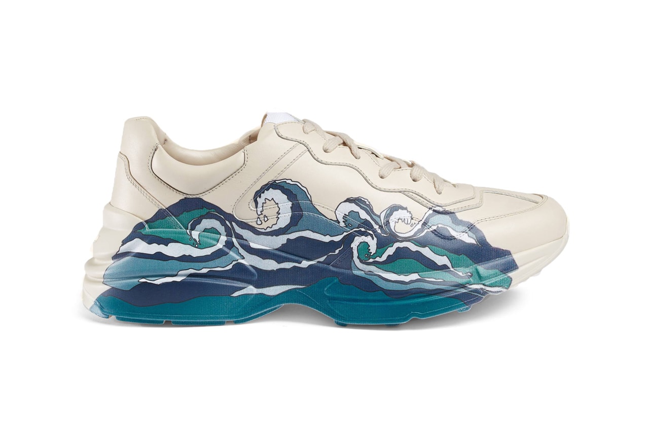 gucci rhyton leather sneakers sneaker with waves ivory leather ocean wave print blue cream colorway release fall 2019 paint graphic