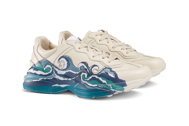 gucci rhyton leather sneakers sneaker with waves ivory leather ocean wave print blue cream colorway release fall 2019 paint graphic