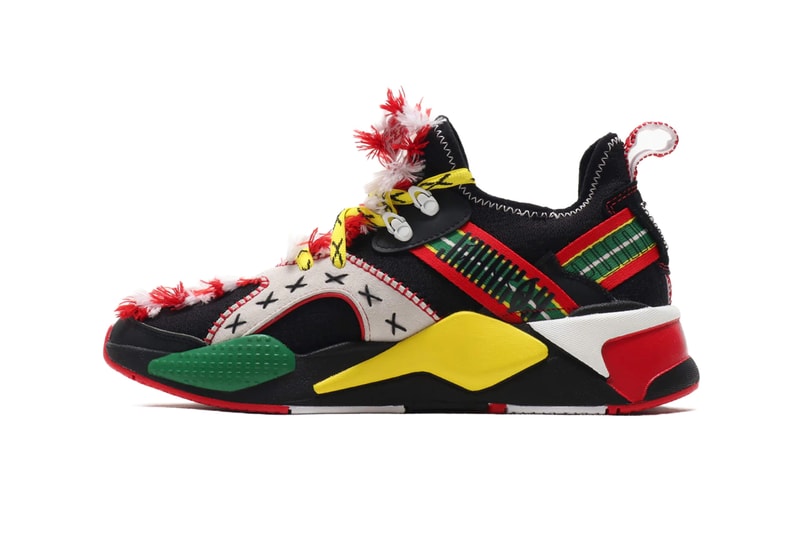 jahnkoy puma alteration rs x knit artist folk art white yellow green black red flower print collaboration clothing collection sneaker shoe footwear release date info buy drop