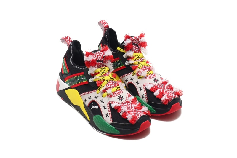 jahnkoy puma alteration rs x knit artist folk art white yellow green black red flower print collaboration clothing collection sneaker shoe footwear release date info buy drop