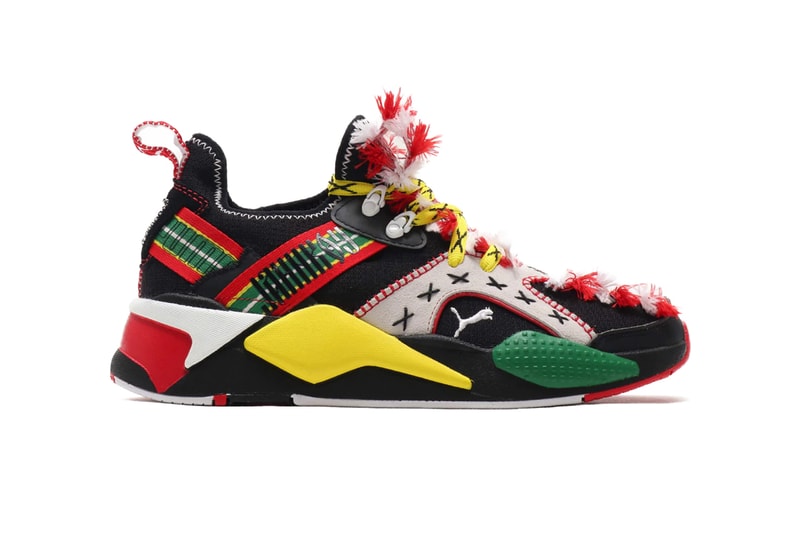 jahnkoy puma alteration rs x knit artist folk art white yellow green black red flower print collaboration clothing collection sneaker shoe footwear release date info buy drop